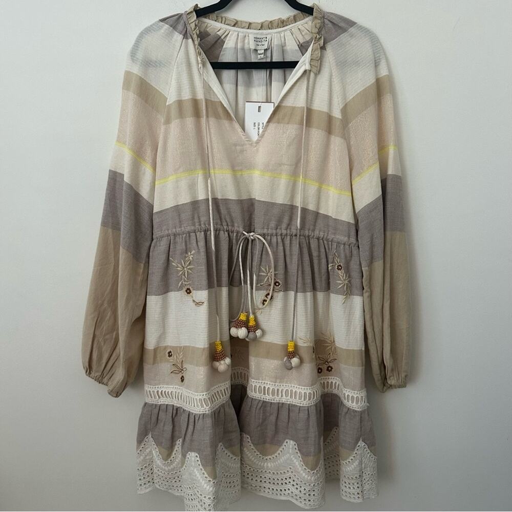 HEMANT & NANDITA Ivory/Purple/Yellow/Tan Ruffle Dress NWT Size Large